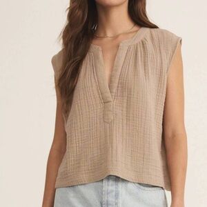 Z Supply Cliffside V-Neck Airy Top in tan, size small.